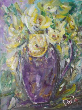 Original collectable "Tiffany Yellow Floral" oil painting by Texas Artist Davila